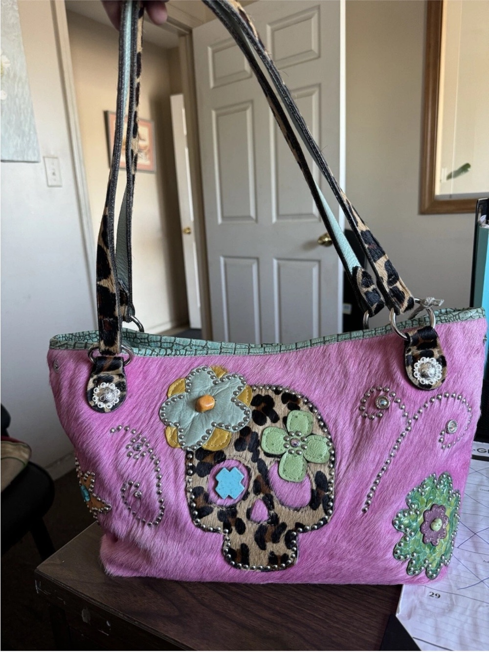 Pink Embellished Skull Shoulder Bag with Leopard Accents hair on hide leather